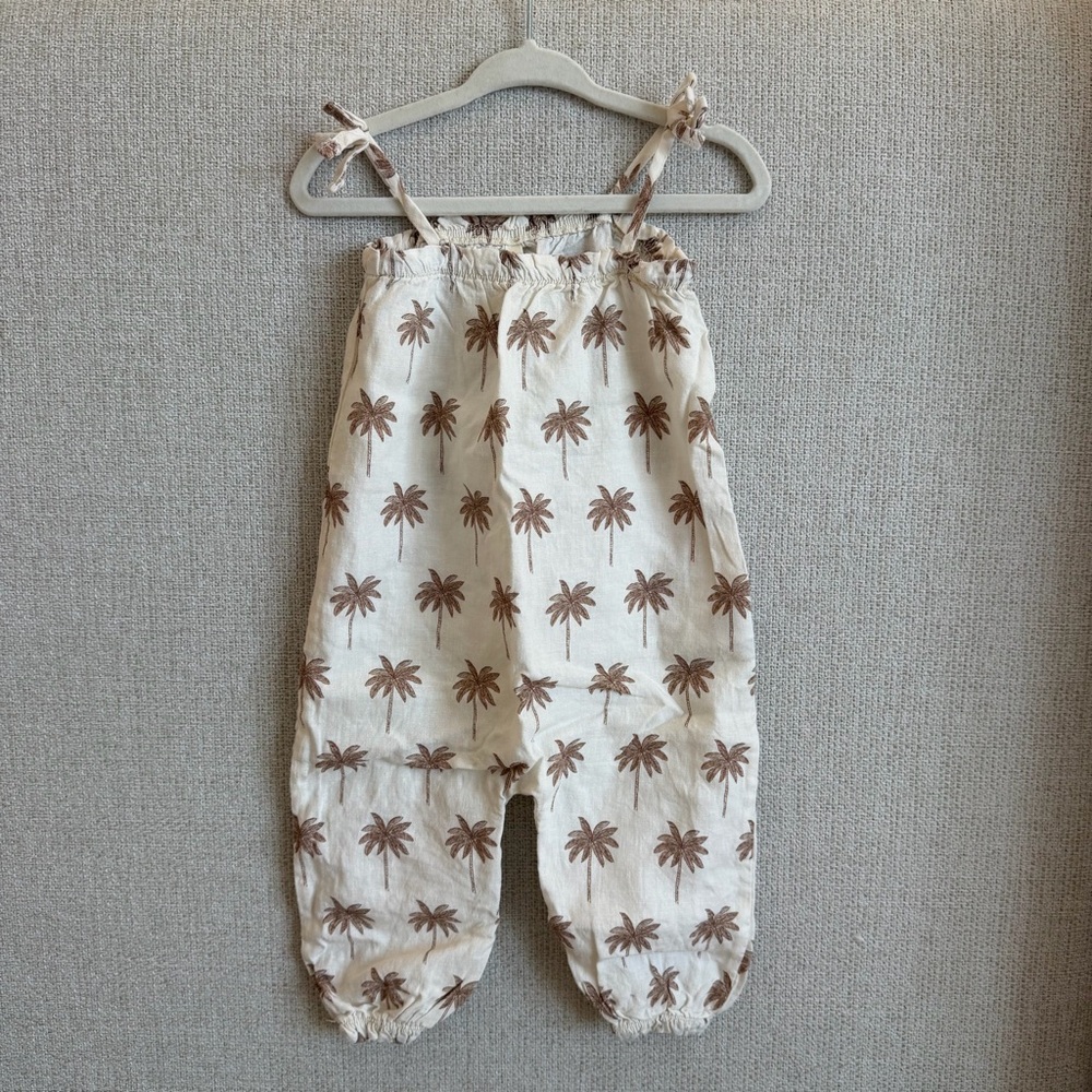 Rylee + Cru Cream and Brown Paradise Palm Tree Bubble Jumpsuit